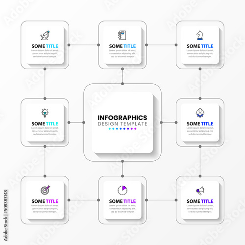 Infographic template. 8 connected squares with icons and text