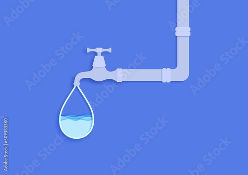 Faucet from which water drop flows in paper cut style. Flowing liquid and waves in blue papercut art. Water pipe with tap valve. Save the Water ecological poster. Environment card template. Vector