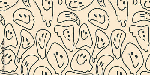 Illustration of a seamless groovy and trippy pattern. Deformed melted emoji in vintage style.