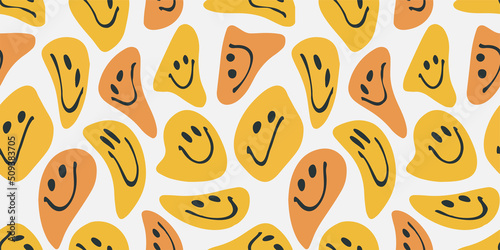 Illustration of a seamless groovy and trippy pattern. Deformed smiles in vintage style.
