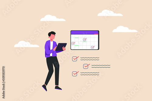 Businessman setting to-do tasks, reminders and checking schedule list in online calendar with tablet. Schedule and planning concept. Flat vector illustrations isolated.