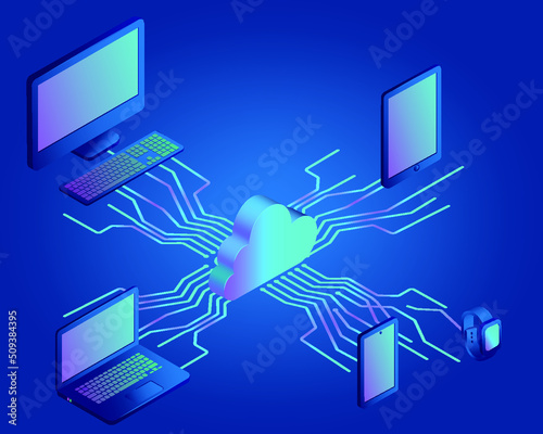 Cloud storage for gadgets. Cloud and communication paths to laptop, computer, tablet, phone and watch. isometry vector illustration