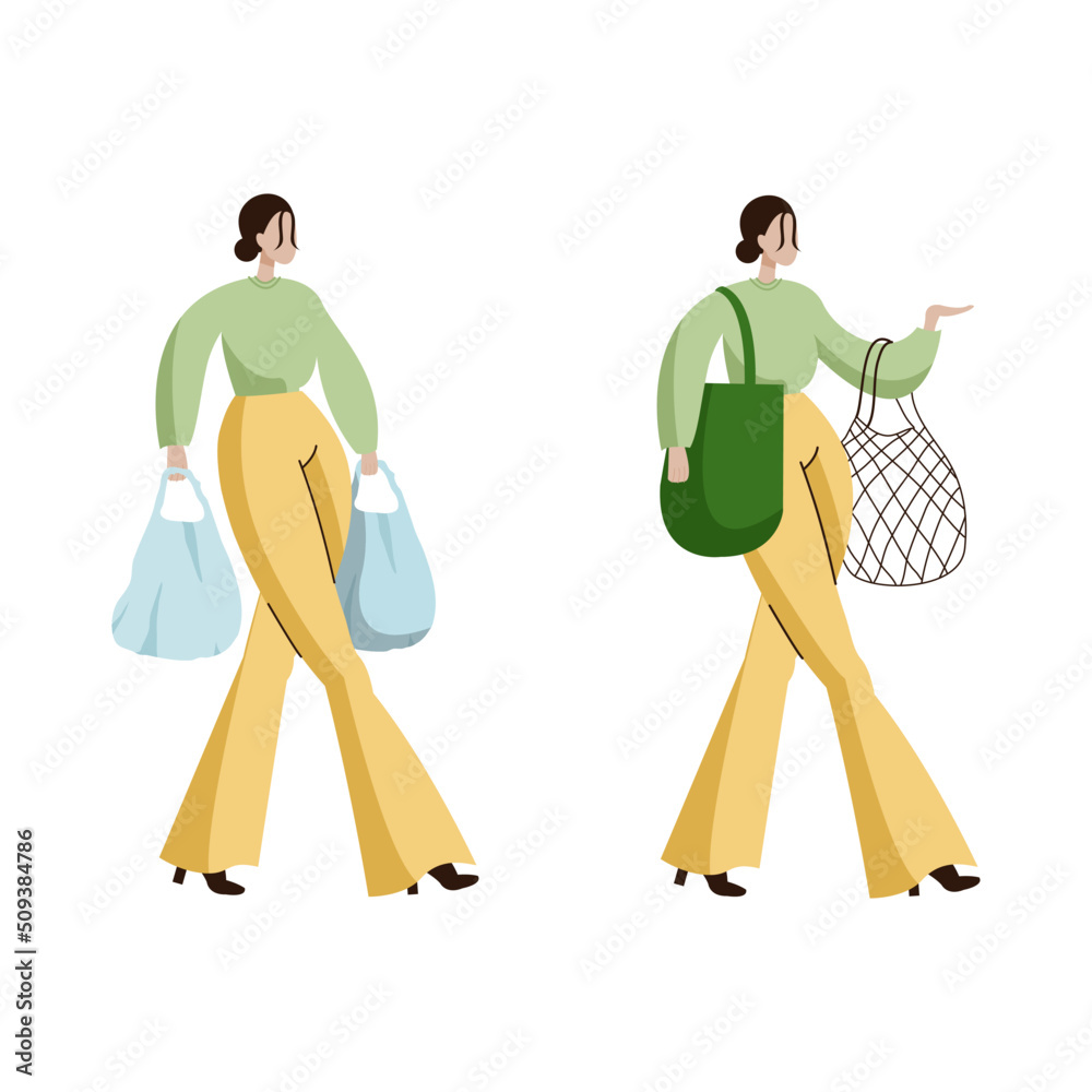 say no to plastic bags slogan. The girl refuses to take plastic bags and leads uses eco-friendly bags. Vector illustration isolated on white background say no to plastic bags slogan. The girl refuses to take plastic bags and leads uses eco-friendly bags. Vector illustration isolated on white background