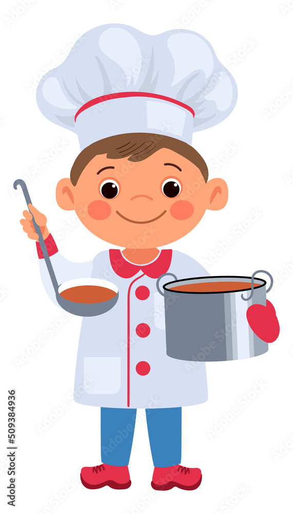 Boy chef holding soup pot. Funny cooking kid