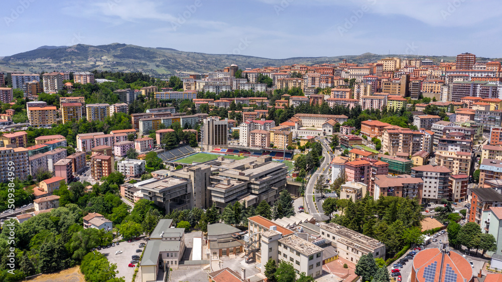 Panoramic aerial view of Potenza city, regional capital of Basilicata, Italy. The city is built on the mountain.