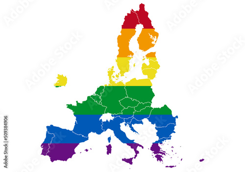 Icono de bandera lgbtiq+ en mapa de la unión europea. 