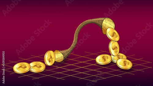 Bitcoin BTC coins transferred through the pipe and converting into dollar USD on red.