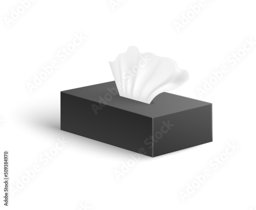 Paper napkin inside of cardboard rectangular box, realistic 3d vector illustration isolated on white background.