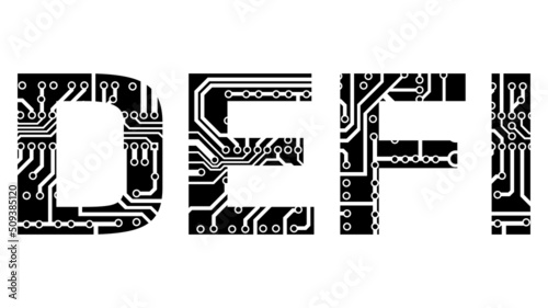 Word Defi decentralized finance with circuit board tracks silhouette isolated on white. Ecosystem of financial applications and services based on public blockchains.