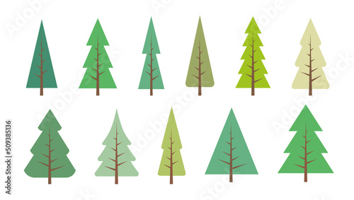 PINE TREES SET. Vector set of flat fir, forest. Collection green trees. Nature design vector icon of pine. Simple christmas wood illustration. Minimal cute nature evergreen trees icon.