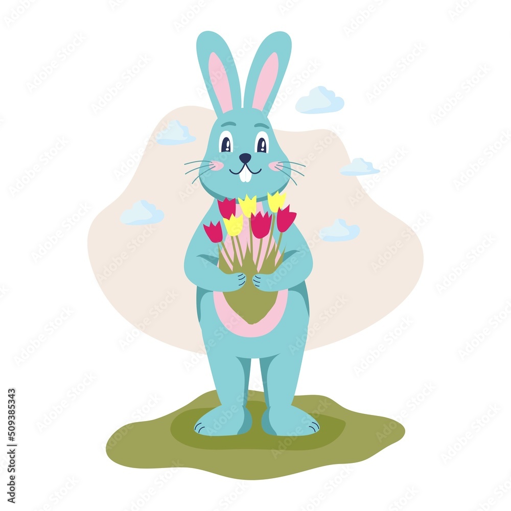 The character is a rabbit with a bouquet of tulips. Spring mood, April. Flat cartoon vector illustration