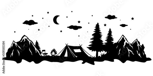 Tent in Forest vector, Camping silhouette, Outdoors, Camper In Forest illustration