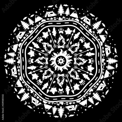Mandala Travel illustration, Camping illustration, Camper silhouette