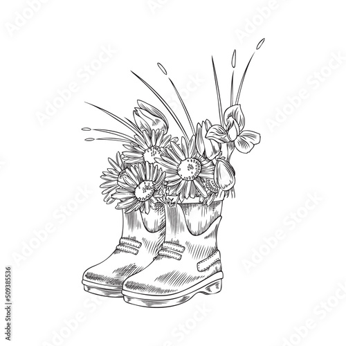 Hand drawn rubber welly boots with different flowers and grass inside