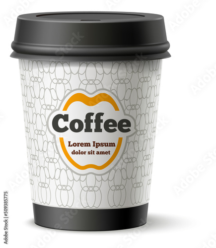 Coffee cup with brand label mockup. Realistic cafe container