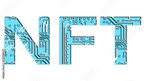 Colored word NFT non fungible tokens perforated with PCB circuit board tracks isolated on white background. Modern digital style. Pay for unique collectibles in games or art. Design element.