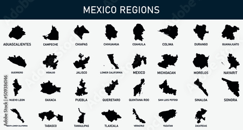 Map of Mexico regions outline silhouette vector illustration 