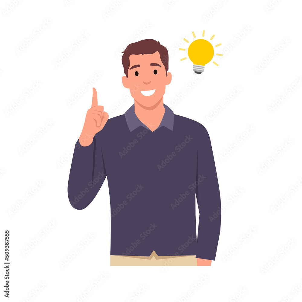 Young smiling man cartoon character pointing up index finger with bubble bulb in speech bubble. Idea, innovation, creativity concept . Flat vector illustration isolated on white background Young smiling man cartoon character pointing up index finger with bubble bulb in speech bubble. Idea, innovation, creativity concept . Flat vector illustration isolated on white background