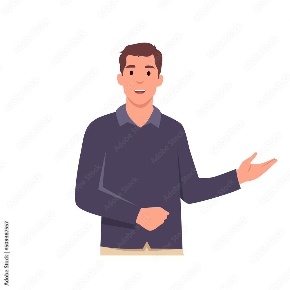 Young smiling man cartoon character doing presentation of business project concept. Flat vector illustration isolated on white background