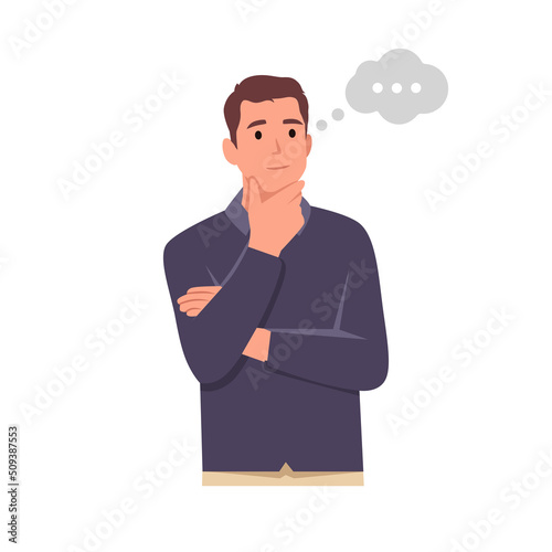 Young smiling man cartoon character is thinking. Thought bubble . Flat vector illustration isolated on white background