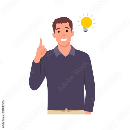 Young smiling man cartoon character pointing up index finger with bubble bulb in speech bubble. Idea, innovation, creativity concept  . Flat vector illustration isolated on white background