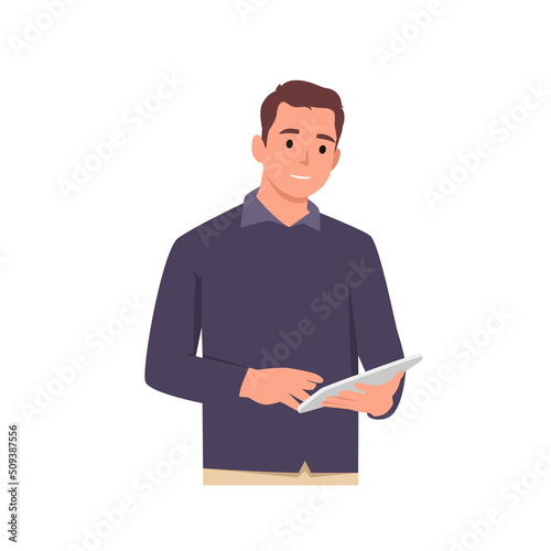 Young smiling man cartoon character holding tablet computer in his hands . Flat vector illustration isolated on white background