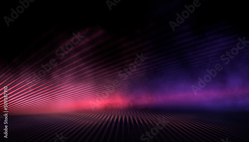 Dark abstract modern neon background. Empty night neon scene with rays of light, smoke, smog, disco background, spotlights. Reflections of rays on a wet surface. 3D illustration.