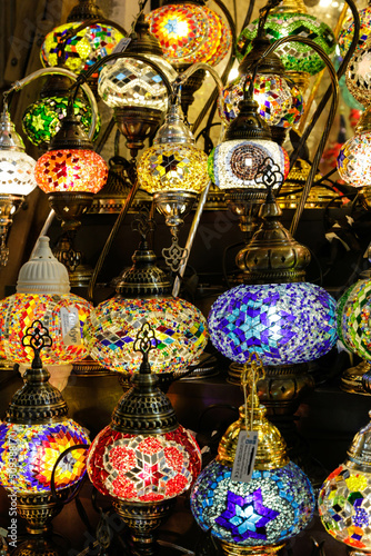 Shopping in the Grand Bazar. Traditional Turkish lamps in souvenir shop. Handmade mosaic of colored glass in Grand Bazaar. © Анастасия Смирнова