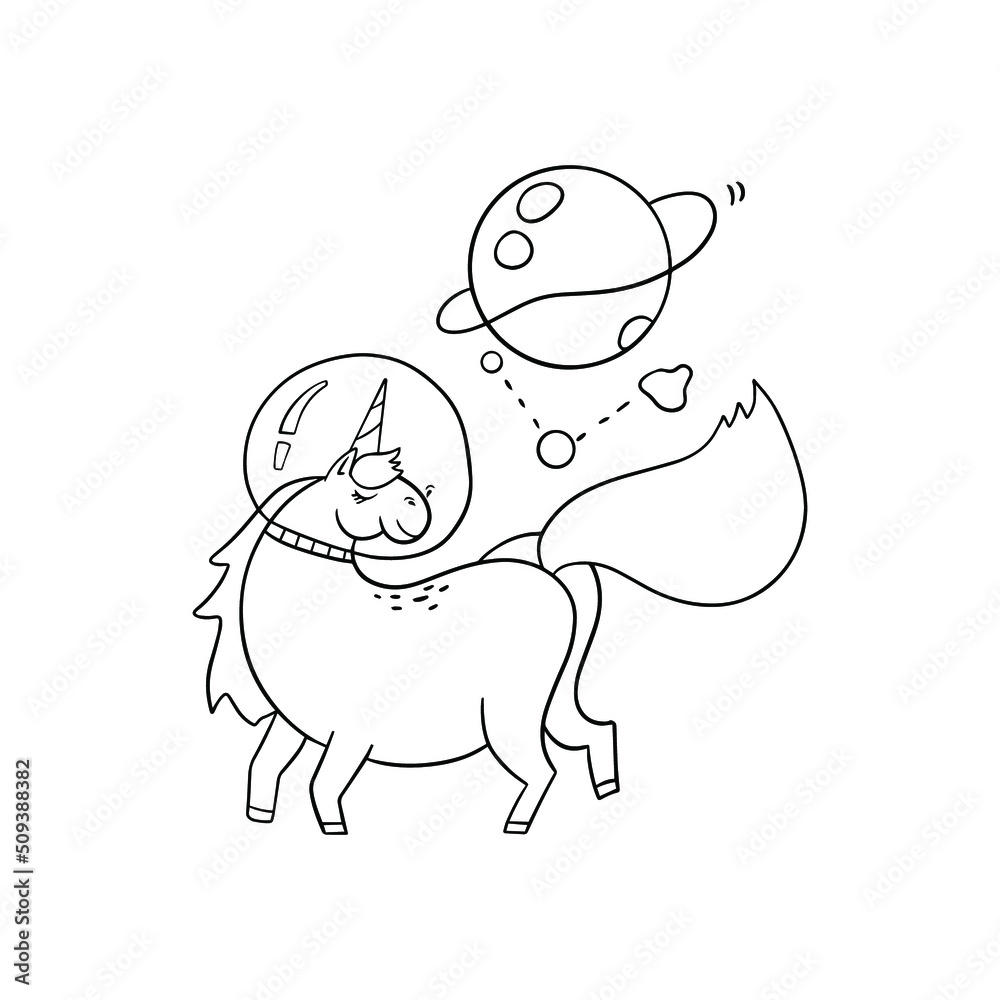Outline unicorn vector illustration in the space. Kids drawing. Outline unicorn vector illustration in the space. Kids drawing.
