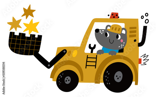 Cute excavator with animal driving. Cute baby print
