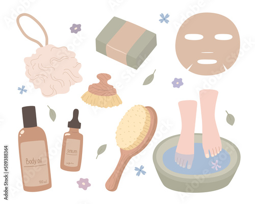 Set of items on the topic of body care, hygiene, skin care and spa treatments.