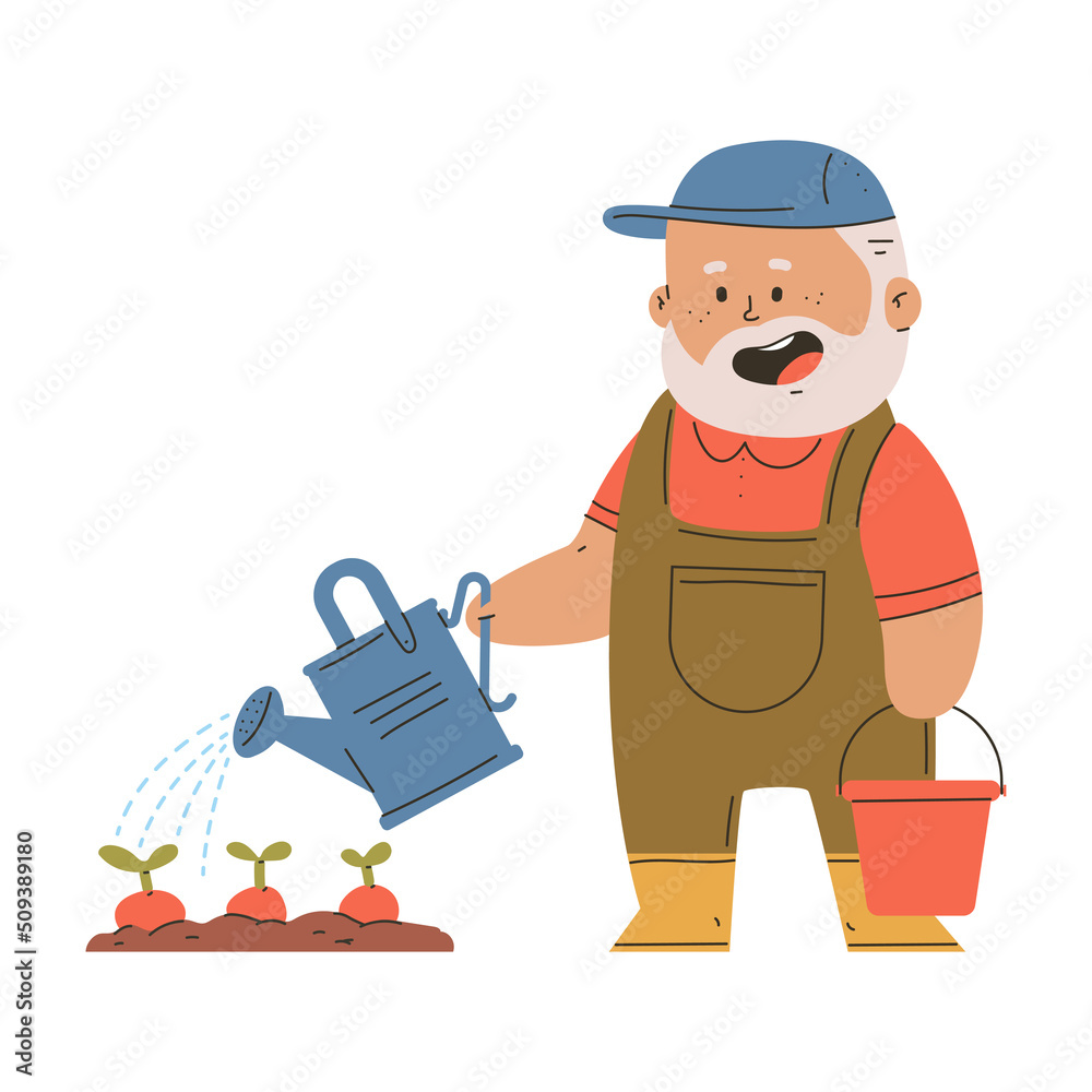 Farmer watering plants vector cartoon character isolated on a white background.