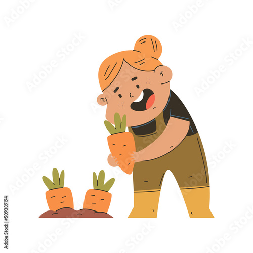Farmer woman with carrot vector cartoon character isolated on a white background.