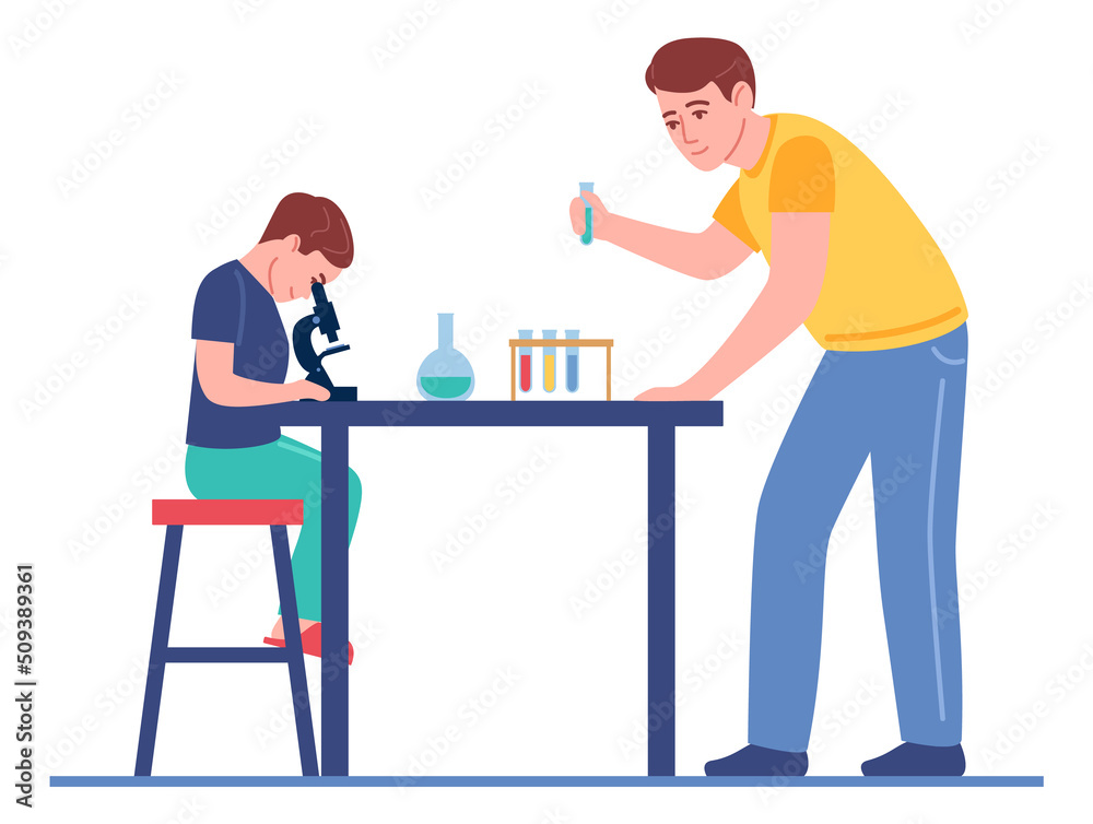 Father and son studying chemistry together. Family learning