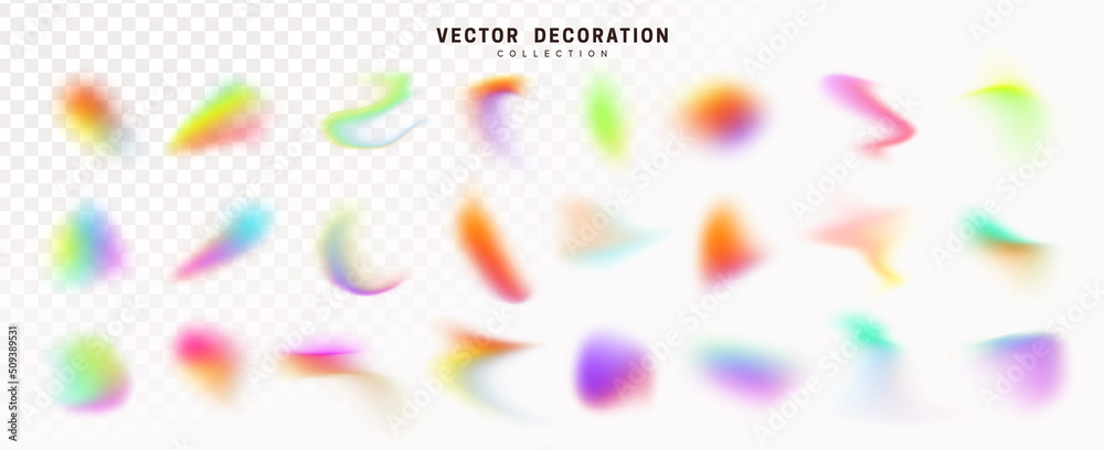 Set of spot multicolored brush strokes. Gradient Abstract shapes colorful fluid paint. Collection of isolated element of holographic chameleon design palette of shimmering colors. Vector illustration