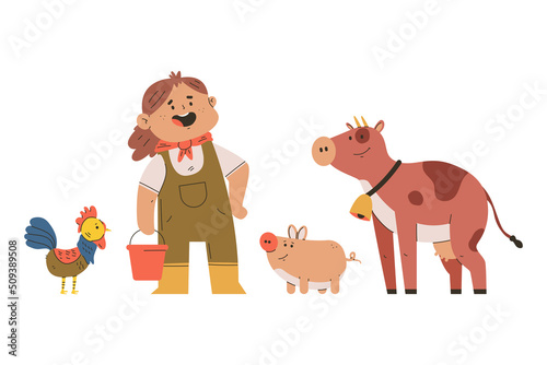 Farmer woman with farm animals vector cartoon character isolated on a white background.