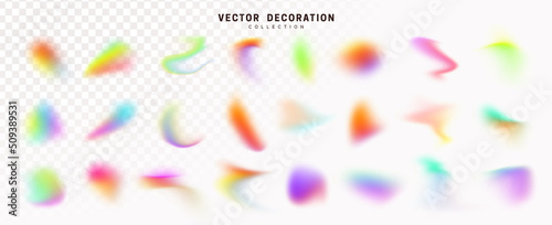 Set of spot multicolored brush strokes. Gradient Abstract shapes colorful fluid paint. Collection of isolated element of holographic chameleon design palette of shimmering colors. Vector illustration