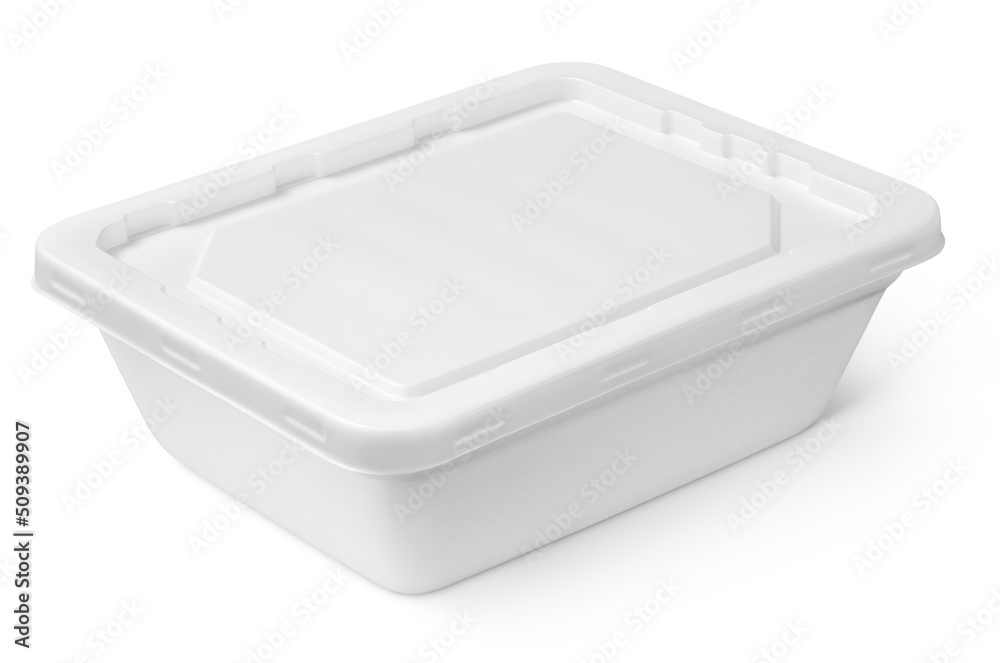 White closed styrofoam food container with plastic lid isolated on white background with clipping path White closed styrofoam food container with plastic lid isolated on white background with clipping path
