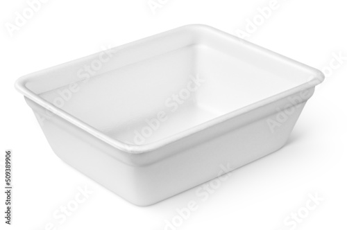 Empty styrofoam food container or plastic plate isolated on white background with clipping path