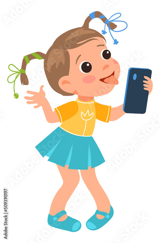 Girl making selfie. Kid shooting photo on phone