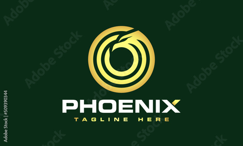 Geometric Golden Eagle Phoenix Logo design vector icon symbol illustration. Minimal phoenix Eagle bird in a circle for exclusive brand. Its very unique custom design.