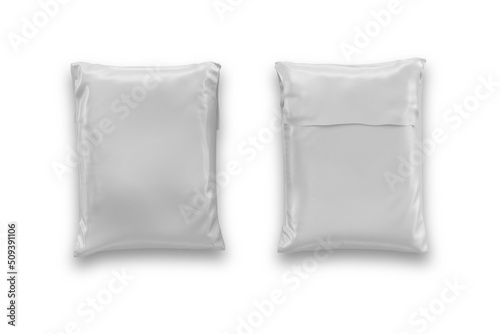 Empty blank white plastic parcel bag isolated on a white background. Shipping Plastic Bag Postal Packing. Postal package. Front and back view. 3d rendering.