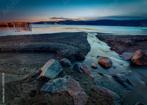 Canvas Print Sunset over the Oslofjord in the small town of Hvitsten, between Drobak and Son