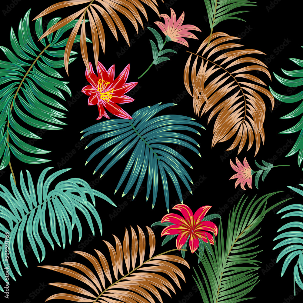 Naklejka premium Seamless pattern with palm tree leaves and flowers. Tropical vector background