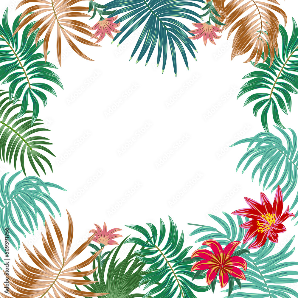 Tropical frame of exotic flowers and palm leaves with copy space for text. For party invitations, wedding cards and sale posters. Vector illustration. Template design. Tropical frame of exotic flowers and palm leaves with copy space for text. For party invitations, wedding cards and sale posters. Vector illustration. Template design.
