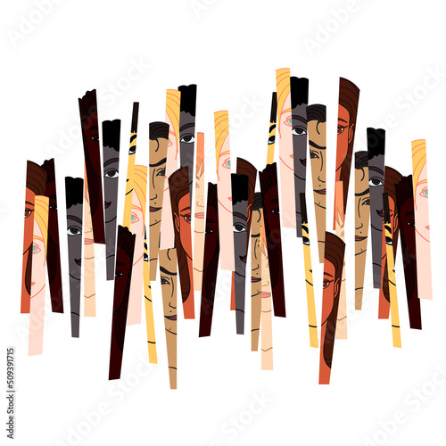 Diverse woman face of different race combining into one. Vector illustration concept for equality.