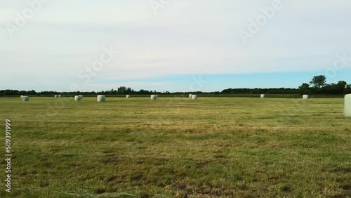 Drone is flying rapidly over mowed agricultural field of a farm
