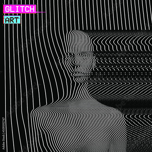 Vector abstract glitch art illustration from 3D rendering of frontal bust of a female figure in corrupted CRT TV oscillator white line halftone style on black background.