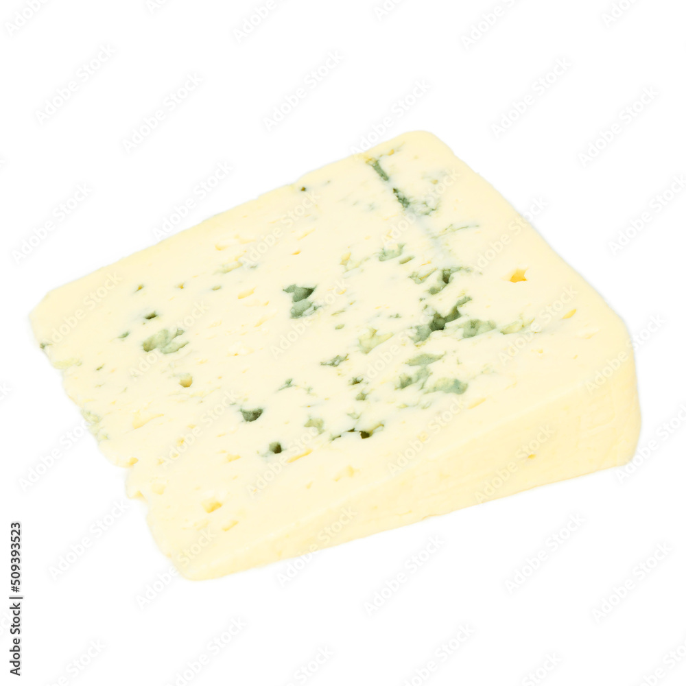 Piece of blue cheese isolated on white background.