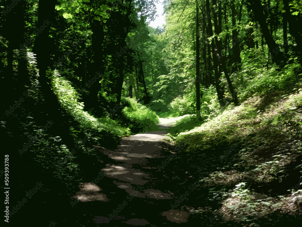 Fototapeta premium illustration of a road in a summer forest